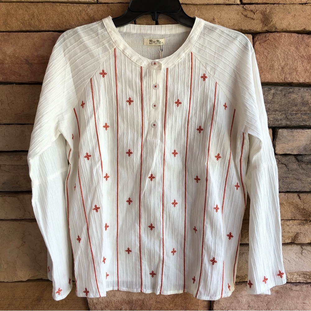 Miss Me off white red stripe boho button up long sleeve top NWT Women Medium